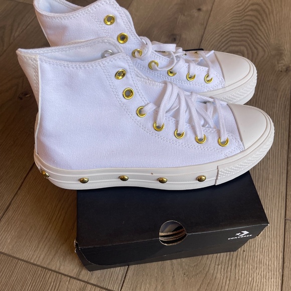 Converse White Hightops with Gold Studs - Picture 4 of 5